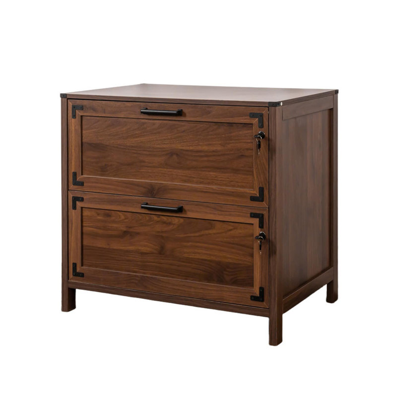 Classeur de ferme 2 tiroirs avec serrure - Rangement pour bureau personnel | Classeur rustique en acier pour documents, Noyer