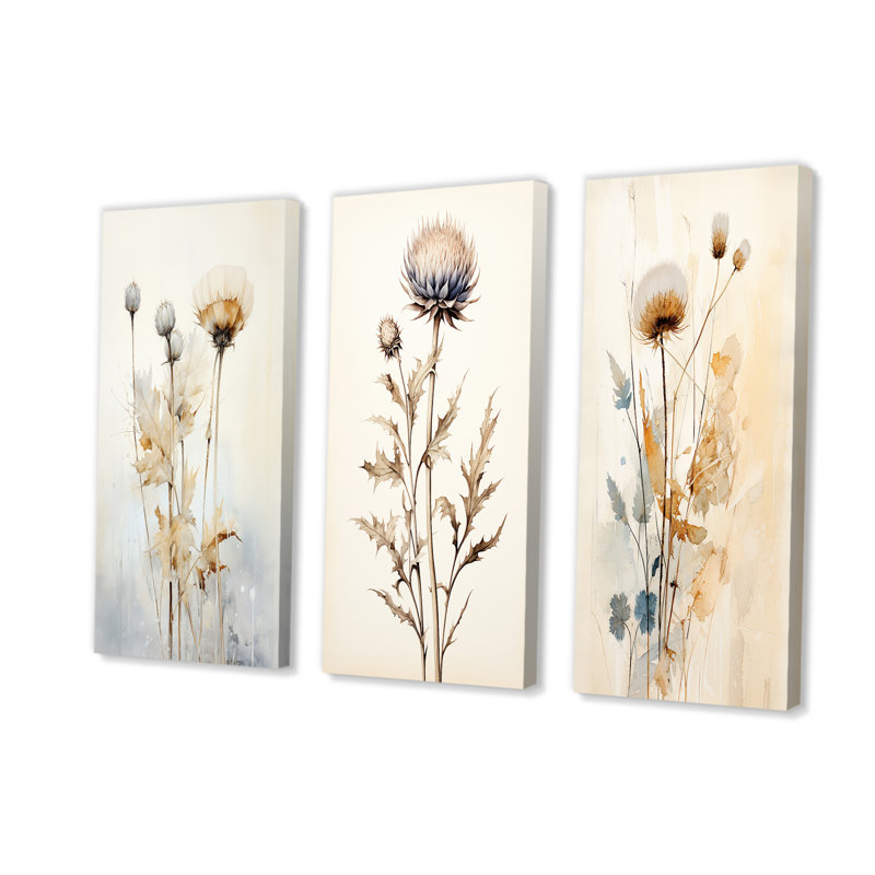 «Beige chardon», ensemble de 3 reproductions d'art mural chardon, Toile tendue, H 28 po x l 36 po
