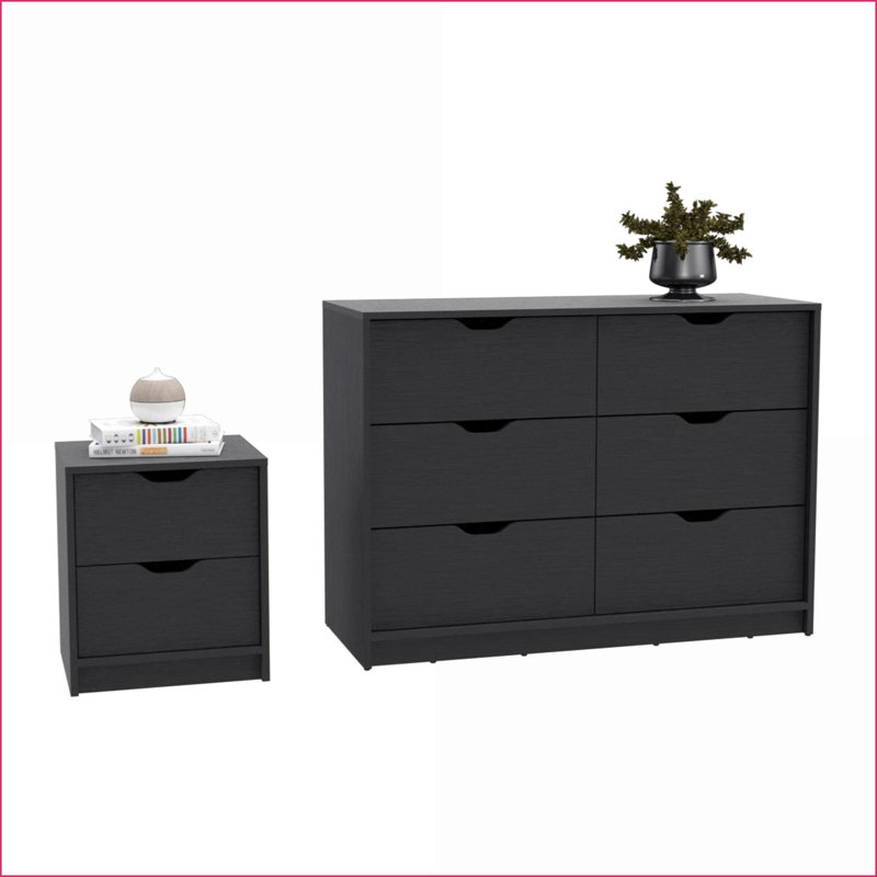 Ensemble de chambre à coucher 2 pièces, table de chevet + commode double, noir | Panneau de particules | Commodes doubles