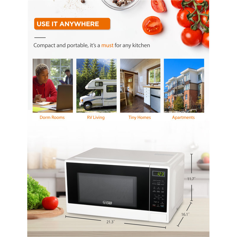CHM Series COMMERCIAL CHEF 1.1 Cu Ft Microwave with 10 Power Levels, Small Microwave with Push Button, White