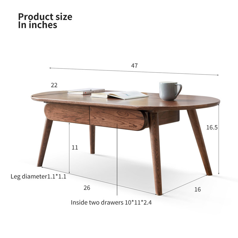 Élégante table basse en bois massif avec tiroirs - Bureau d'écriture naturel, table basse centrale pour le bureau à domicile ou le salon