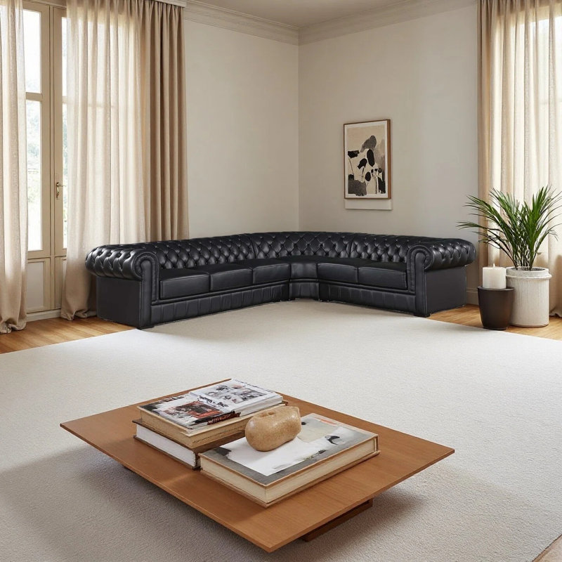 3-Piece Cow Top Leather Sectional Sofa, Right Hand Facing, Black Genuine Leather