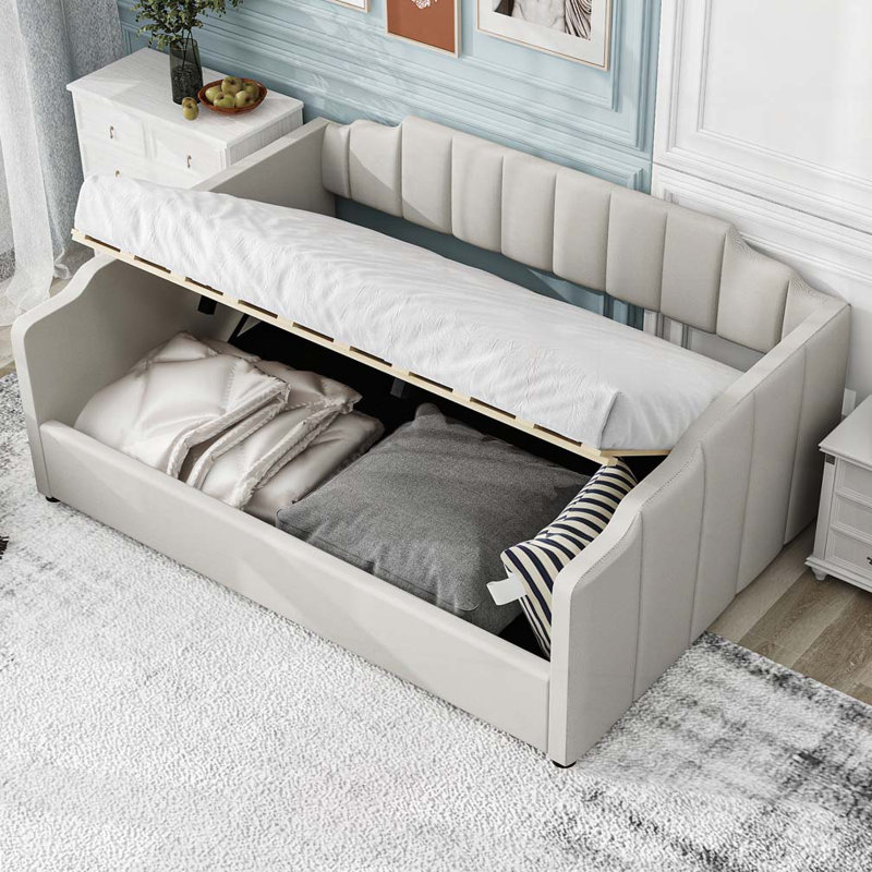 Lit de jour rembourré avec rangement inférieur, Beige, Lit double