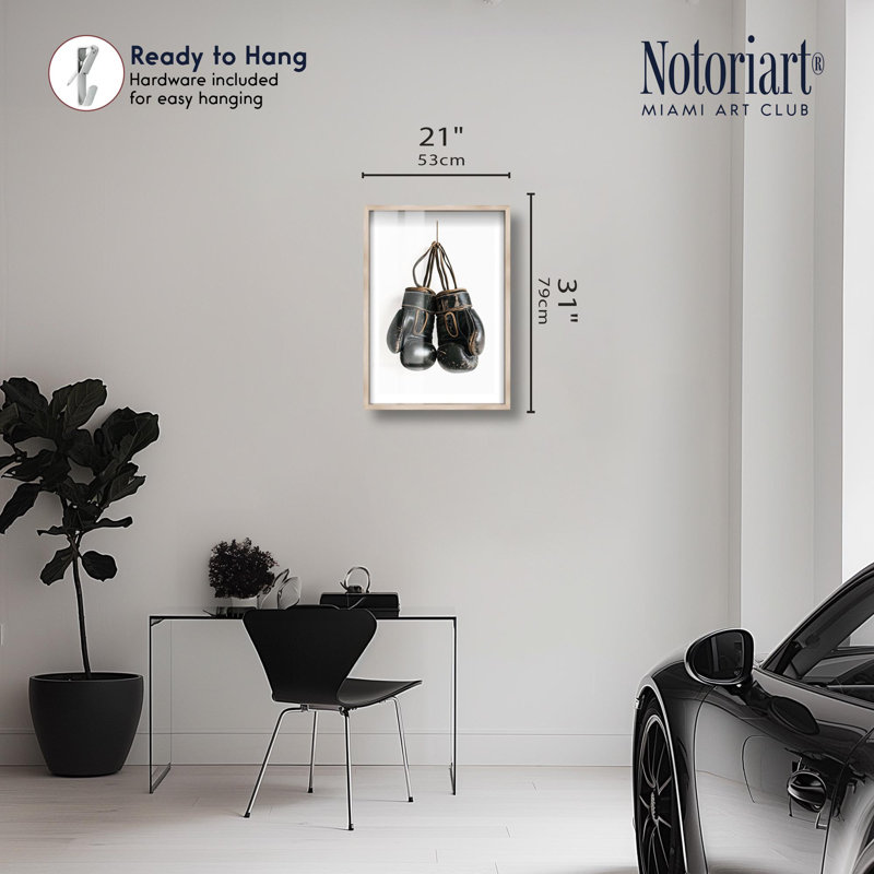 Boxing Gloves Vintage Shadowbox Print Sports Framed Prints by Notoriart, Blonde Frame, 21 x 31, 31" H x 21" W, Cream