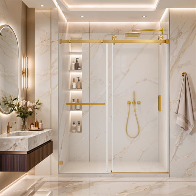 Porte de douche coulissante simple H 68 po x l 76 po x H 76 po KAVRTON, porte de douche sans cadre en or brossé, verre transparent trempé de 3/8 po (10 mm) certifié par la SGCC avec barre à serviettes