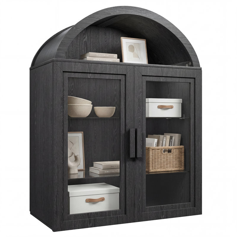 Armoire de rangement arquée en bois de 31 po de largeur avec portes en verre et tablettes réglables Aura, Noir