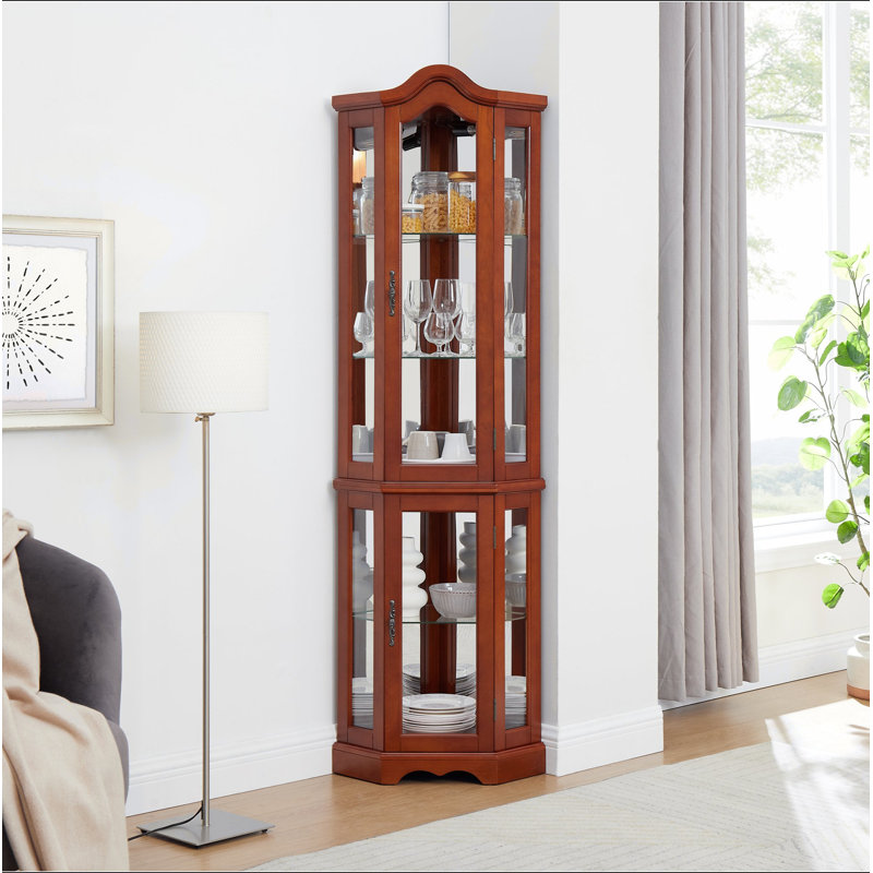 Corner Curio Cabinet With Lights, Adjustable Tempered Glass Shelves, Mirrored Back, Display Cabinet(E26 Light Bulb Not Included)