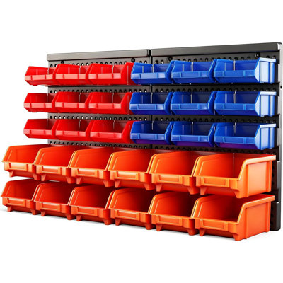 Organisateur de bacs de rangement mural 30 pièces - Support en plastique pour garage ou atelier, bleu / orange / rouge - Cadeau idéal pour les hommes