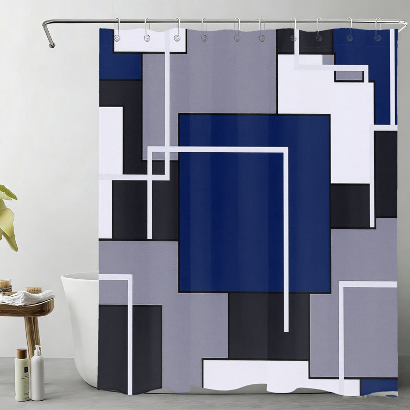 Rideau de salle de bain abstrait à blocs bleus avec crochets 72 x 72 pouces (180 x 180 cm)