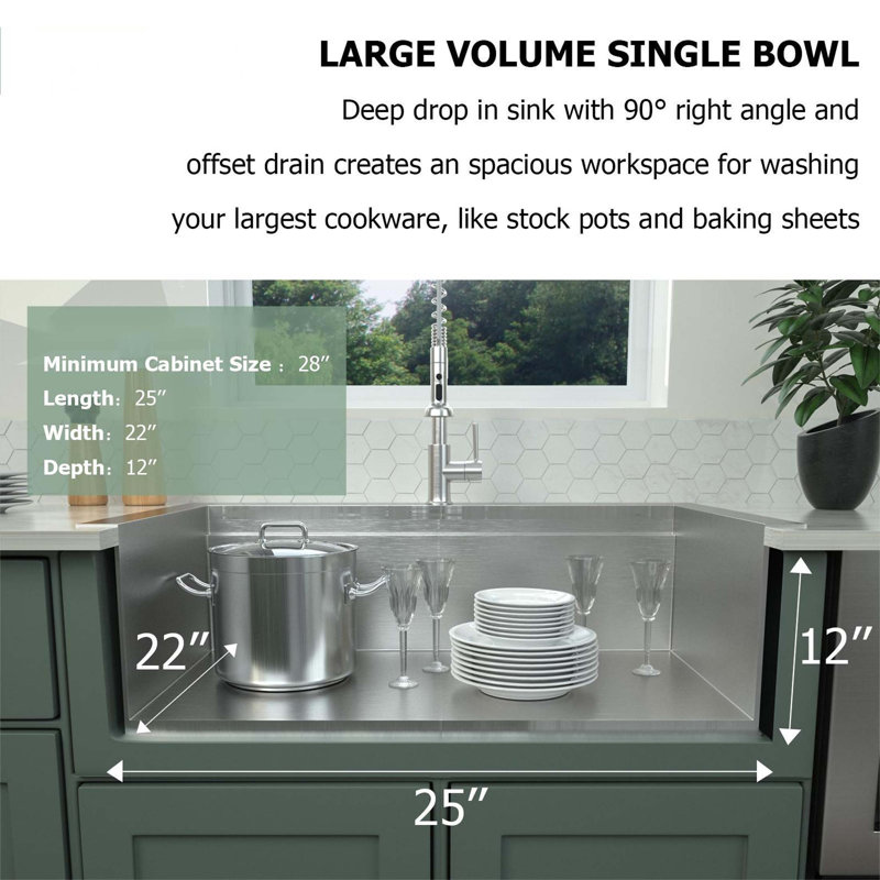 25"x22"x12" Stainless Steel Laundry Utility Sink Drop In Topmount Deep Single Bowl Kitchen Sink Basin