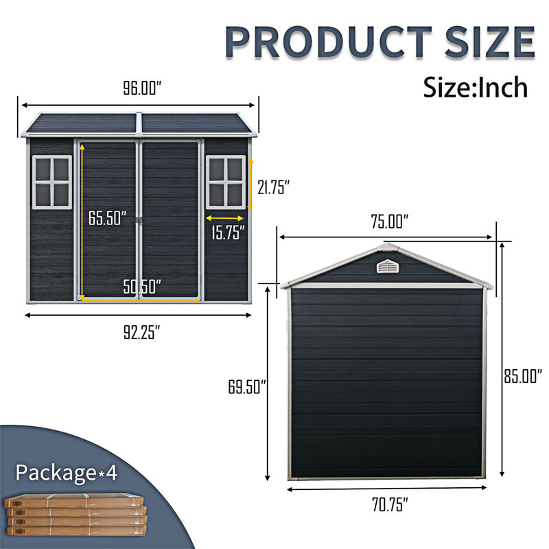 Remise imperméable 8 x 6 pi avec plancher et deux fenêtres, Noir