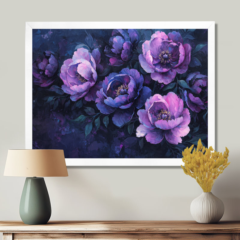 Décoration murale pivoines mauves à minuit III - pivoines, H 34 po x l 44 po, Avec cadre, Blanc