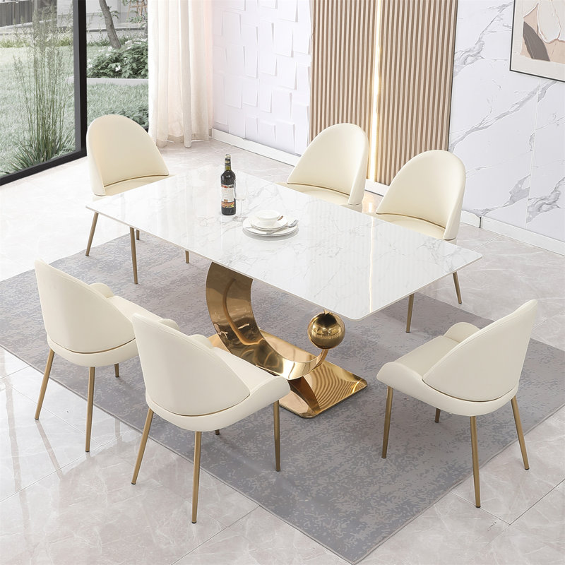 Table de salle à manger en pierre de 71 pouces de couleur blanche Carrara avec base piédestal en acier au carbone de forme spéciale
