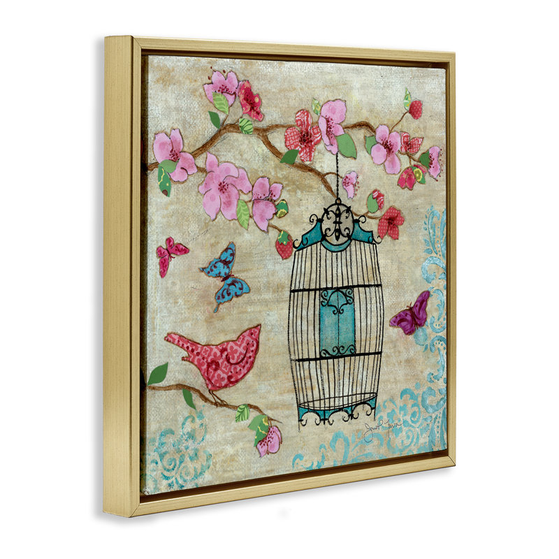 Cadre flottant Spring Spring Bird, design par Janet Tava, H 18 po x l 18 po, Cadre flottant métallique doré