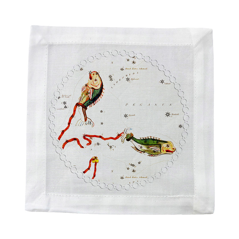 Zodiac Pisces Cotton Sateen Cocktail Napkins, White