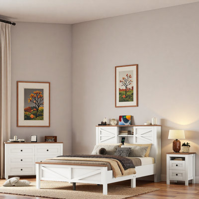 Ensemble de chambre à coucher 3 pièces, lit plateforme avec portes coulissantes, tête de rangement et station de charge, 1 table de chevet avec 2 tiroirs, 1 commode avec 6 tiroirs