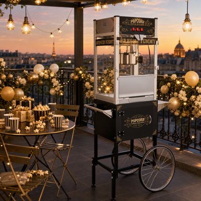 Popcorn Maker with Cart & 20oz Kettle, Antique Style Popcorn Maker on Wheels with 16" Tires & Storage Cabinet, Mobile Popcorn Popper Machine for Theater, Carnival, Home Party, Black