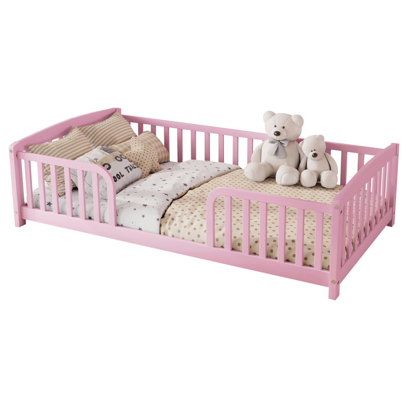 Lit simple pour enfants Montessori, lit pour tout-petits en bois de pin avec garde-corps de sécurité, entrée centrale, lit de clôture à profil bas, rose