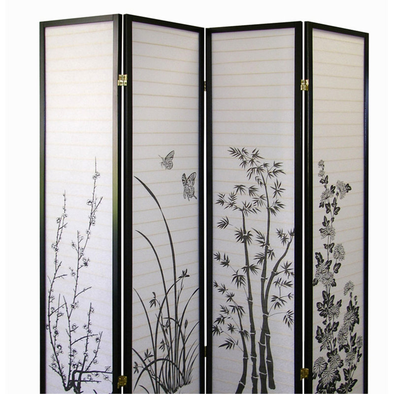 Cloison 70 pouces à 4 panneaux de hauteur / motif floral avec finition noire, 70" H x 60" W x 10" D