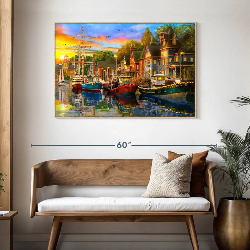 Lumières du port, Cadre flottant en bois naturel, 46 po x 31 po