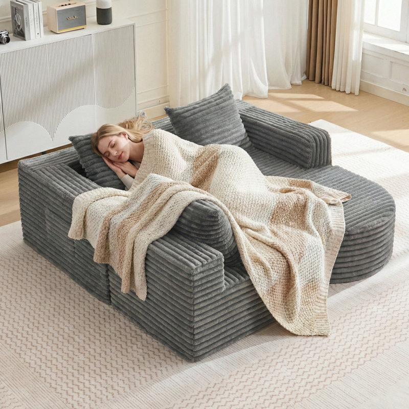 Boneless Boneless Cloud Couch, 102" L-shape Modular Sectional Sofa With Chaise, Soft Faux Fur Deep Seat, 3 Pillows & 2 Side Pockets For Living Room, Bedroom