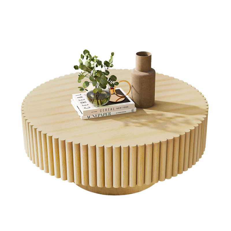 Lorven 32" Solid Wood Round Drum Coffee Table, Natural Wood