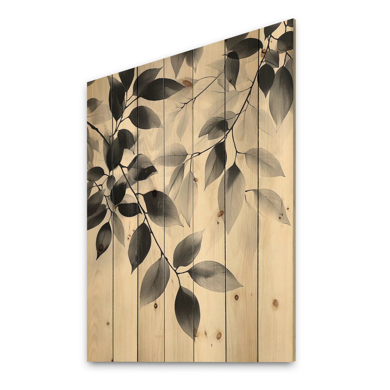 Black Beige Leaves Gentle Breeze III - Leaves Wood Wall Decor - On Natural Pine Wood, 32" H x 24" W x 0.78" D