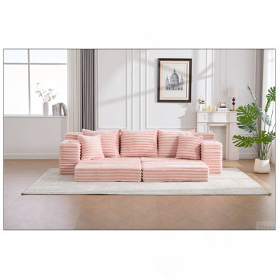 Oversized Boneless Four Seats Sofa with Cup Holder and Side Pockets, Upholstered Corduroy Sofa Bed Cloud Couch with 3 Pillows, 2 Lumbar Pillows.Living Room, Bedroom,No Assembly ,Breathable material