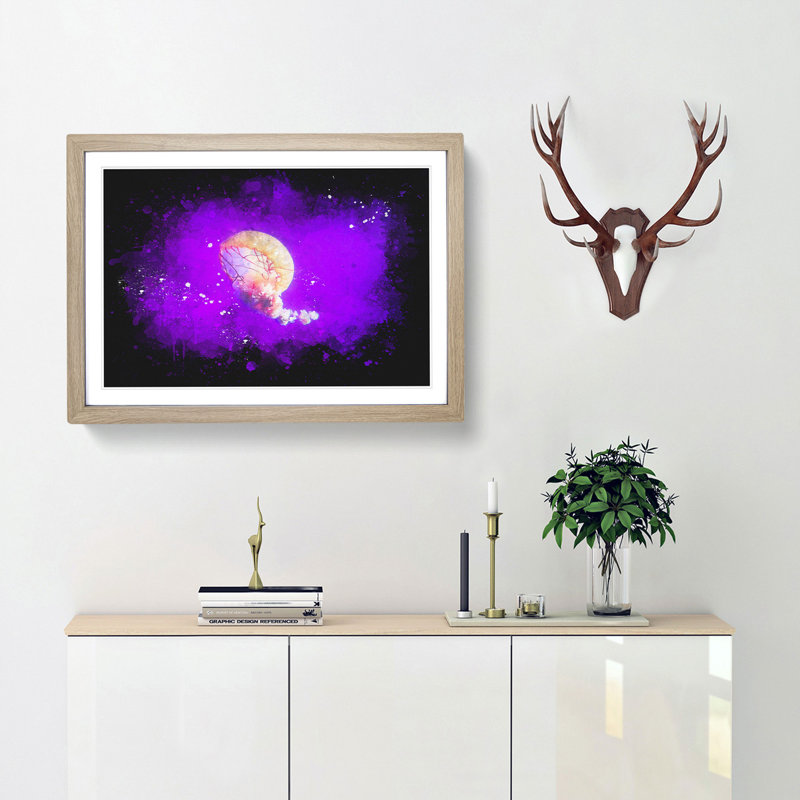 Jellyfish Paint Splash - Picture Frame Graphic Art, Oak Framed, 45cm H x 63cm W x 2cm D
