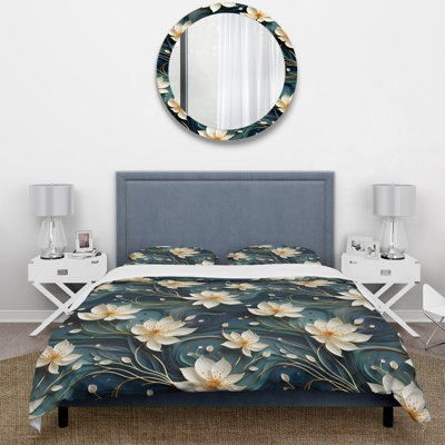 White And Gold Tranquil Lotus Zen Floral Duvet Cover