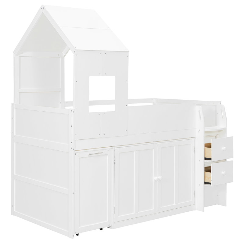Twin Size Wooden Loft Bed With Desk, Drawers,Cabinets,White, White