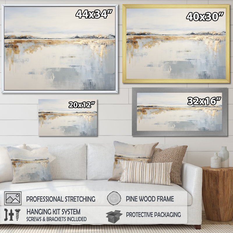 Horizon côtier beige audacieux et doré - impressions sur toile côtières, Cadre flottant noir, H 30 po x l 40 po x P 1,5 po