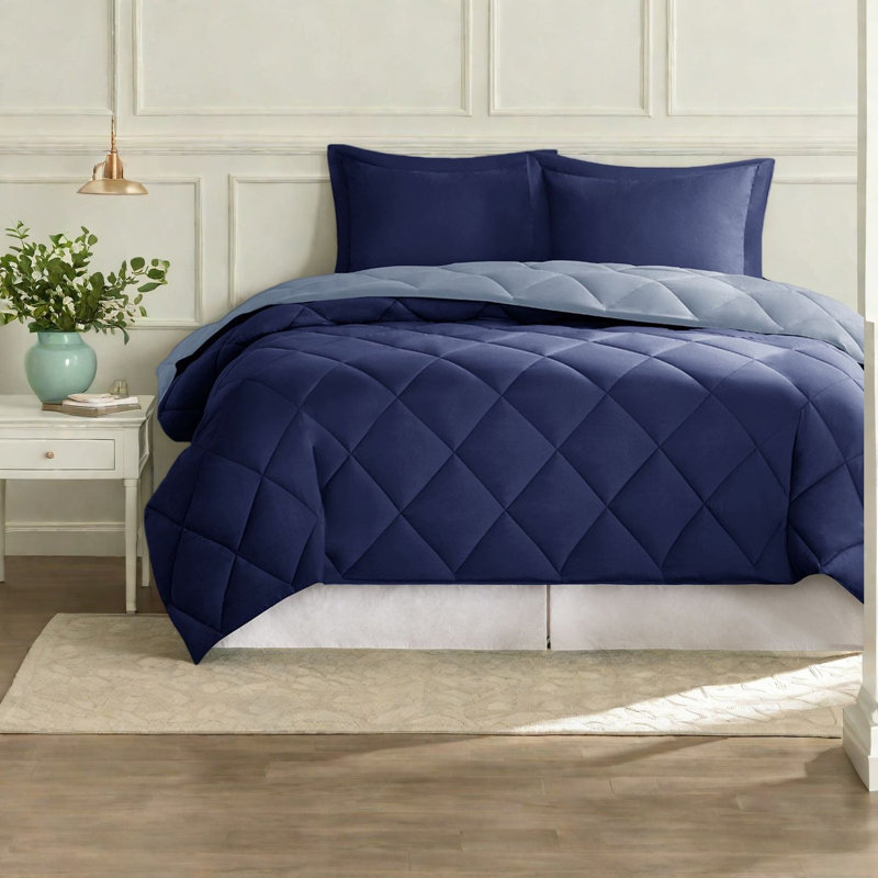 Ensemble de literie réversible en polyester matelassé, bleu marine et bleu clair