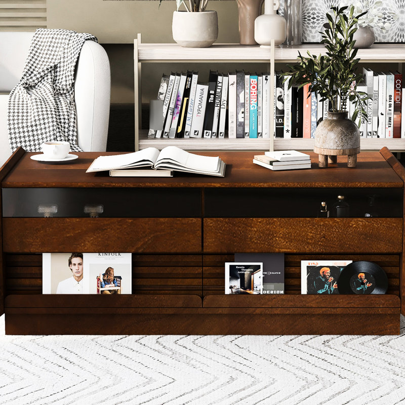 Table basse rectangulaire avec 4 tiroirs, 2 tablettes de présentation, conception cannelée et verre trempé pour l'organisation de la salle à manger - style rétro 47,2 po