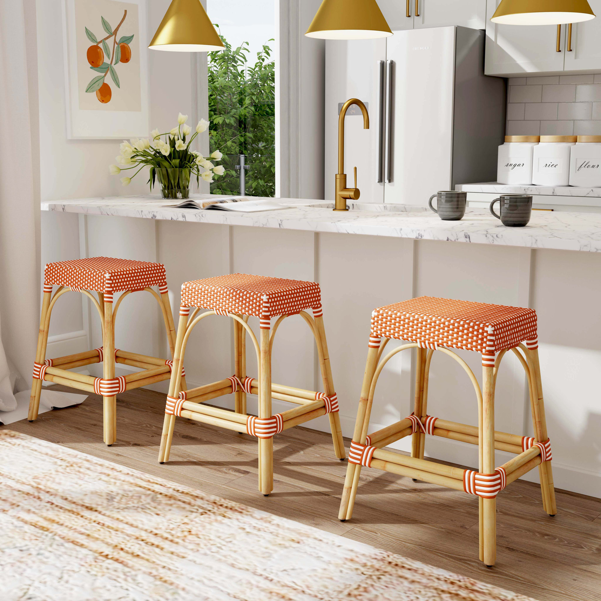 Lennart Rectangular Rattan Bar Stool & Counter Stool, Tan/White Stripe/ Natural Rattan Frame