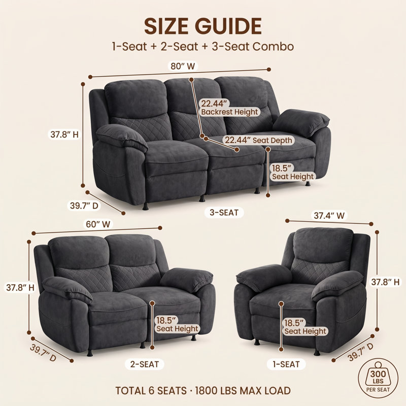 3 Piece Velvet Reclining Living Room Set, Dark Gray Velvet