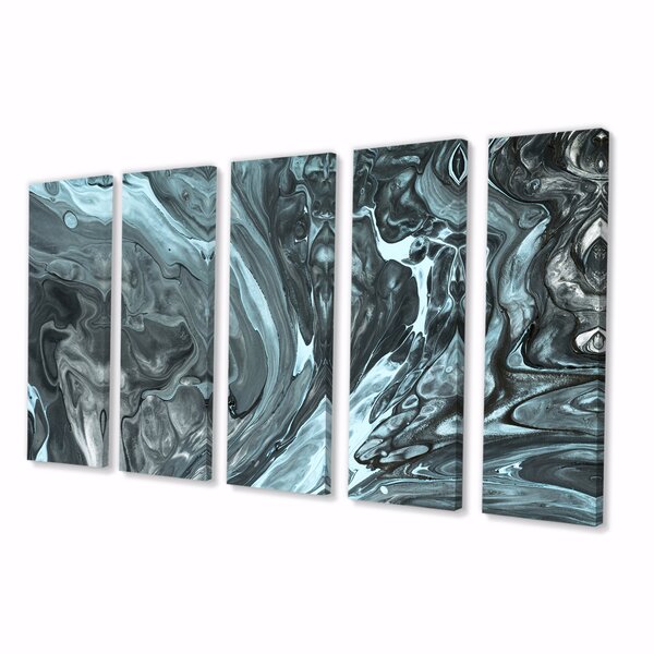 DesignArt Grey And Turquoise Liquid Art On Canvas 5 Pieces Print | Wayfair