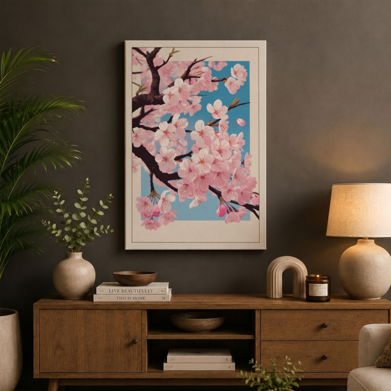 Cherry Blossom Branch Botanical - Wrapped Canvas, 18x12 - 45.7 x 30.5 cm, Black Border