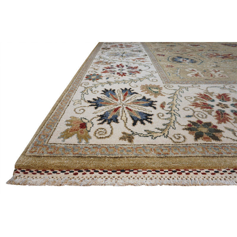 Tapis ivoire / blé en laine noué à la main Suzani, Rectangle 8 pi x 10 pi