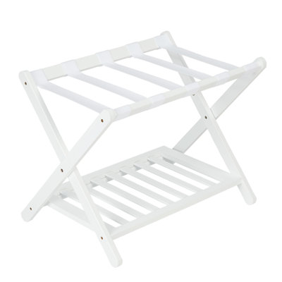 Porte-bagages pliable en bois avec tablette de rangement, support de valise pliable avec sangles en nylon, capacité de 150 lb, sans assemblage, pour chambre / chambre / hôtel - noyer / brun