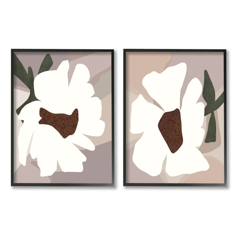 Abstrait marguerites blanches sur bois, reproduction de 2 pièces, Giclée encadrée noir minuit, H 14 po x l 22 po x P 1,5 po