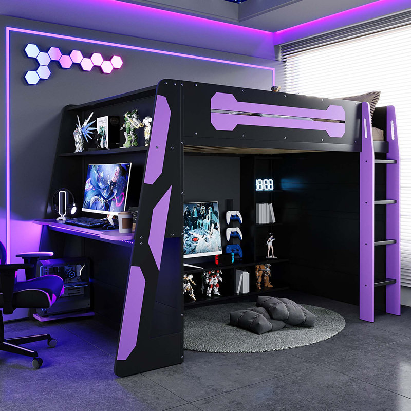 Lit mezzanine tout-en-un avec bureau intégré et éclairage RVB Esports