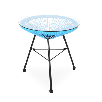 Handmade Side Table With Blue Tempered Glass, 17.23"W X 17.23"D 17.65"H, Elegant Outdoor Accessory In - Glass Top, 17.23"X17.23"X17.65", Stable Structure