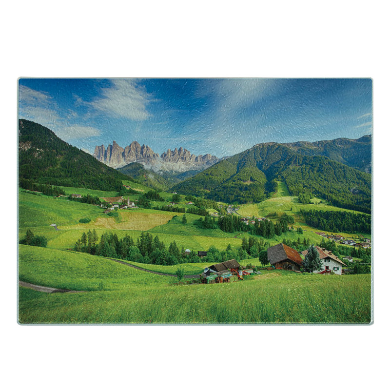 Planche à découper en verre trempé Ambesonne Mountain au printemps vert bleu