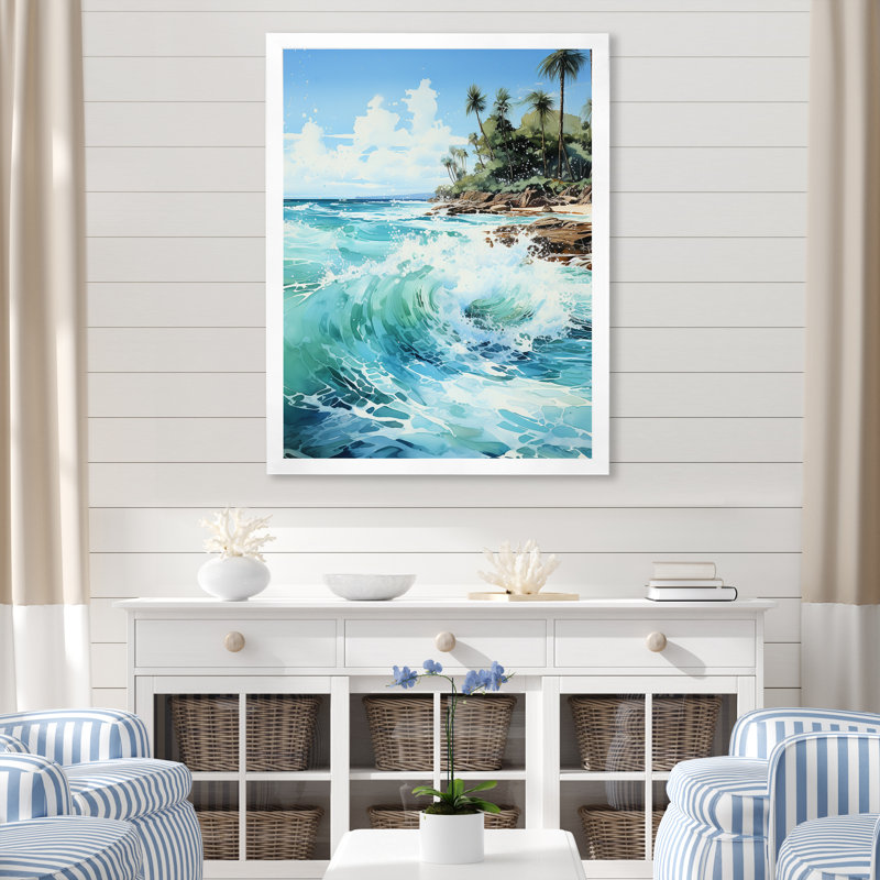 " Azure Seascape Palms Horizon ", White Framed, 32" H x 24" W x 1" D