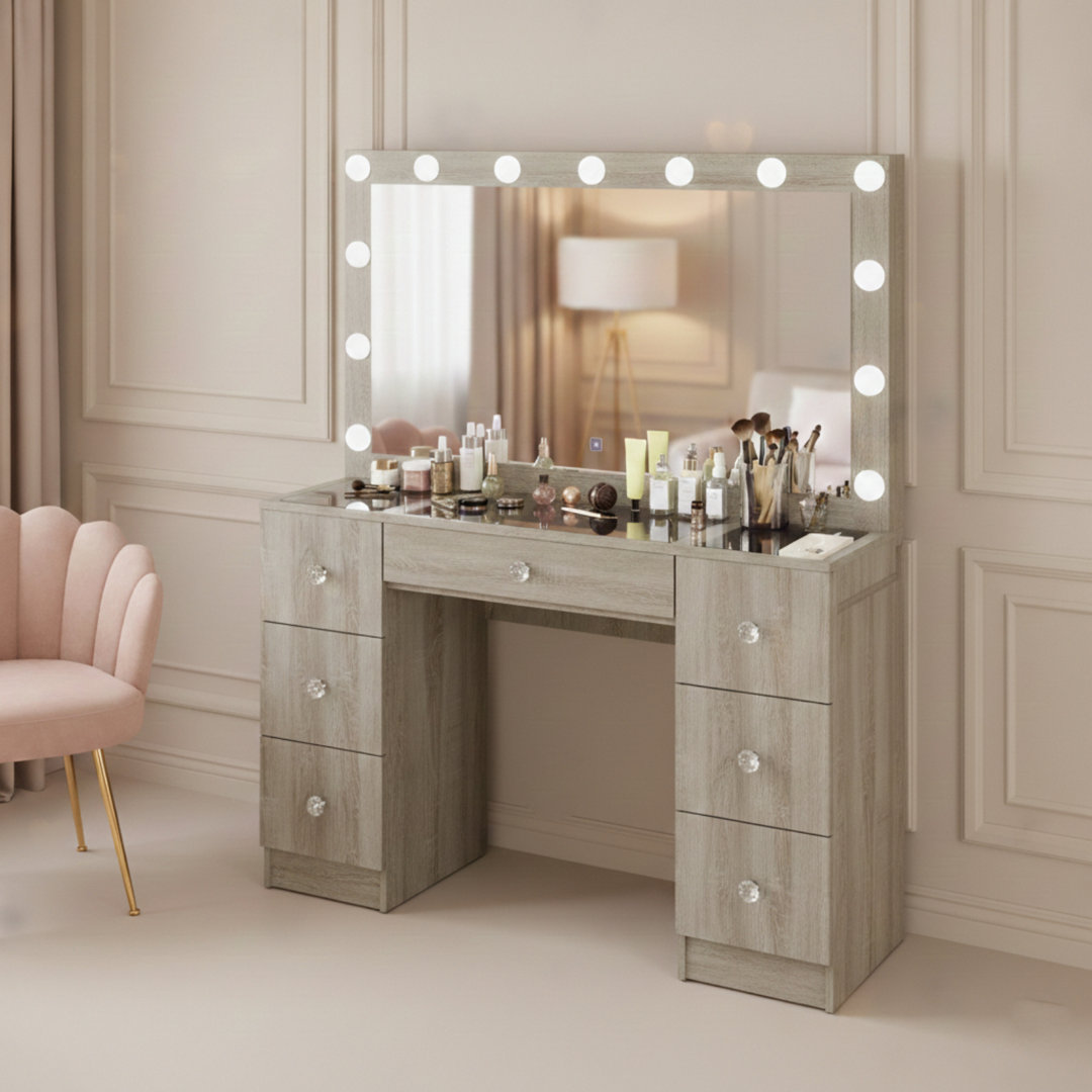 Boahaus Eve Makeup Vanity in Greige with LED Lights, Glass Top, 7 Drawers and USB (Type A & C) Boahaus LLC