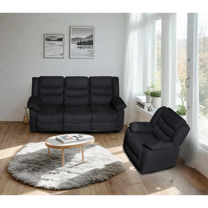 Ensemble de salon inclinable moderne en microfibre avec table rabattable et porte-gobelets, Noir