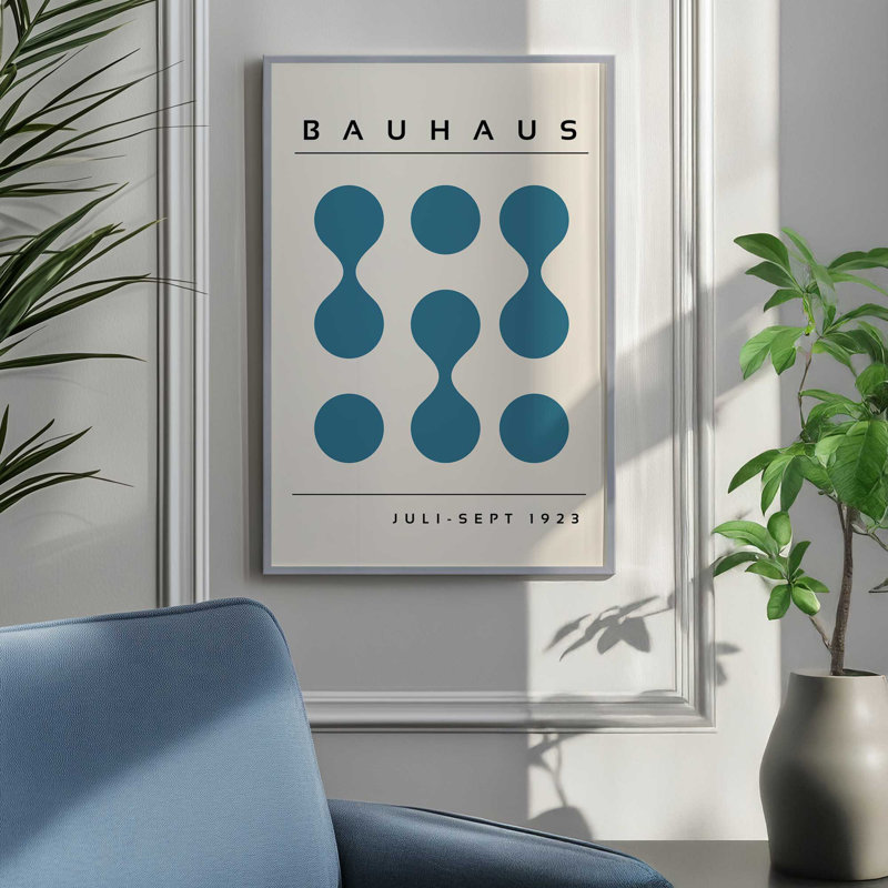 Imprimé Bauhaus incurvé bleu, Cadre photo noir simple, H 17 po x l 13 po, Composition du Bauhaus