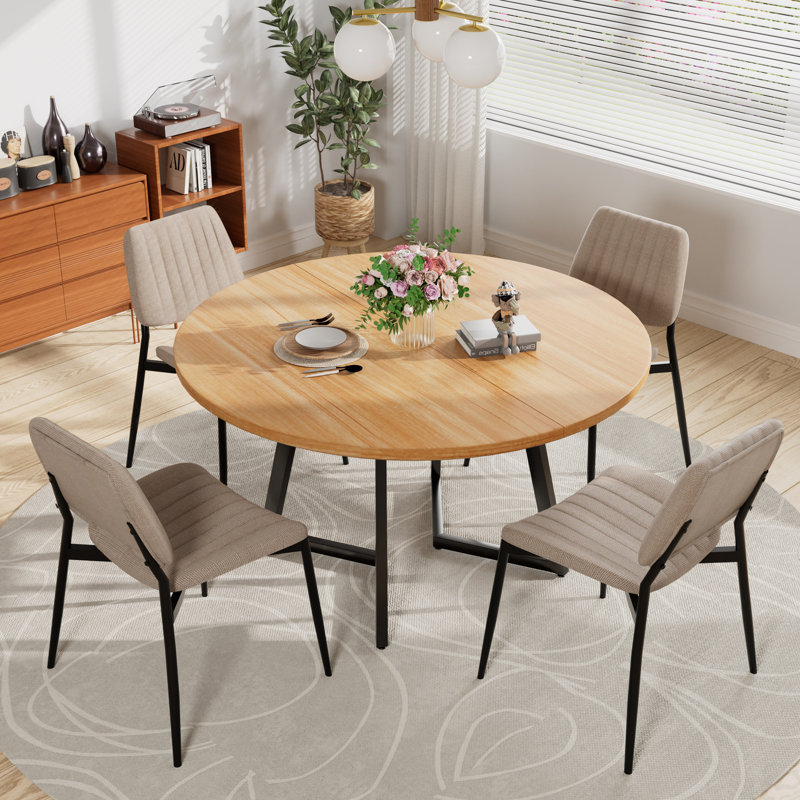 Table de salle à manger ronde avec chaises en tissu de lin, 5, Naturel, Beige