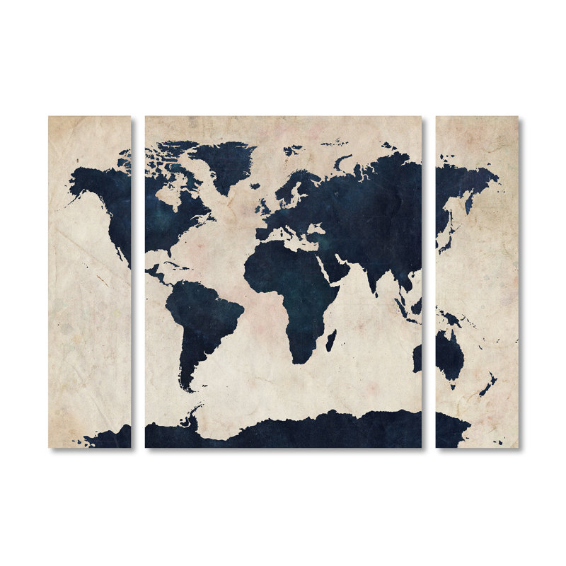 «World Map Navy» par Michael Tompsett, ensemble de 3 reproductions sur toiles, H 30 po x l 41 po x P 2 po
